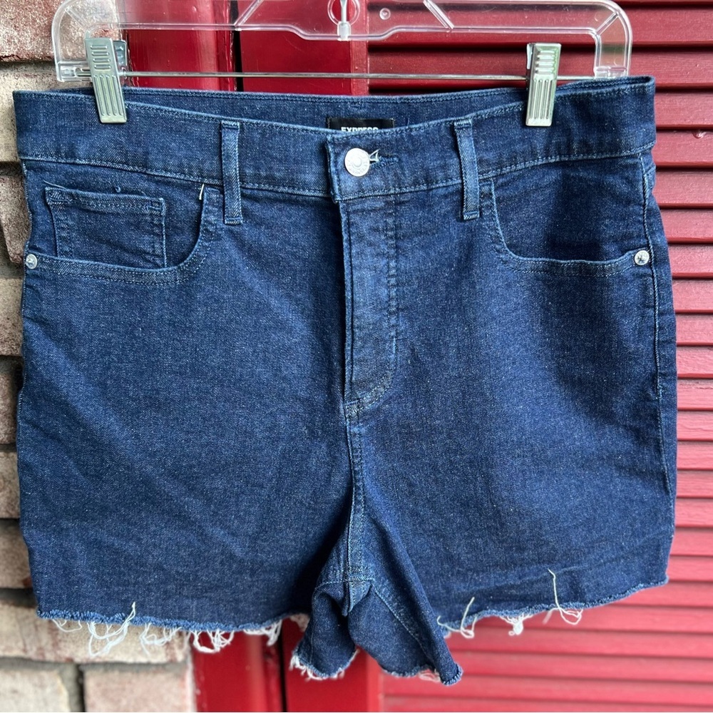 Express Blue High Waist Denim Shorts size 10 Hyper stretch Shortie - Picture 2 of 6